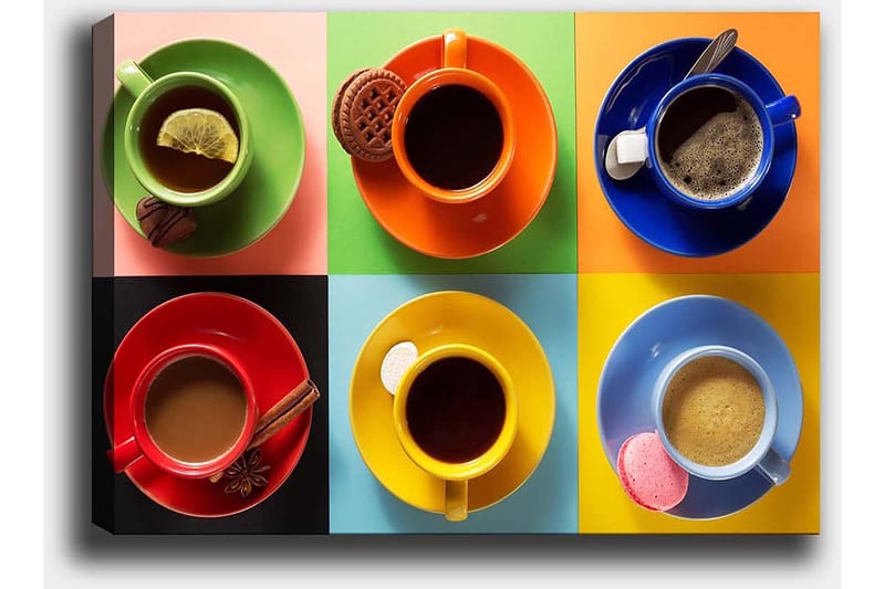 Lerretsbilde 70x100 cm - Fargerike kaffekopper arrangert i et rutete mønster med diverse drikker og tilbehør - Grønn / Rød / Blå - Innredning - Bilder & kunst - Lerretsbilder
