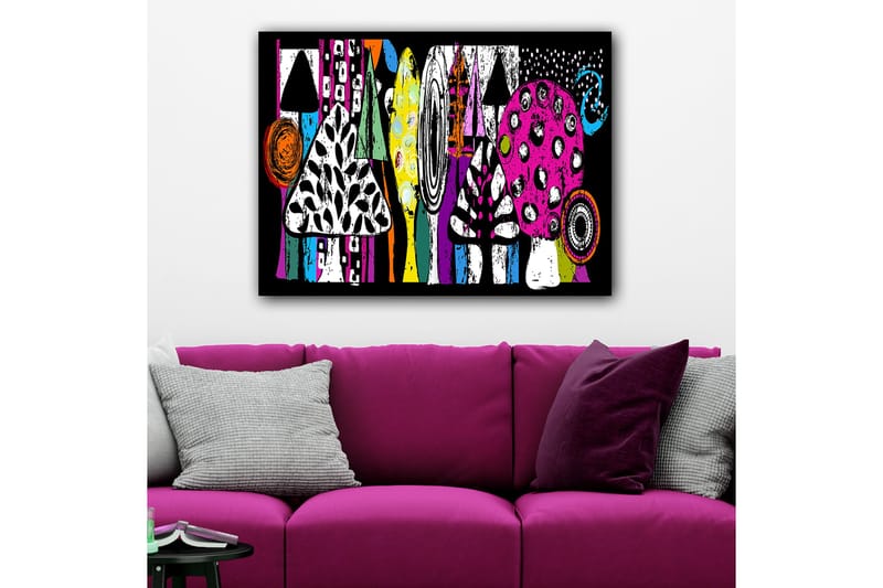 Lerretsbilde 70x100 cm - Fargerike sopper og abstrakte former i en leken komposisjon - Rosa / Svart / Grønn - Innredning - Bilder & kunst - Lerretsbilder