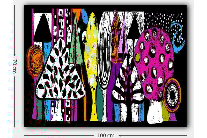 Lerretsbilde 70x100 cm - Fargerike sopper og abstrakte former i en leken komposisjon - Rosa / Svart / Grønn - Innredning - Bilder & kunst - Lerretsbilder