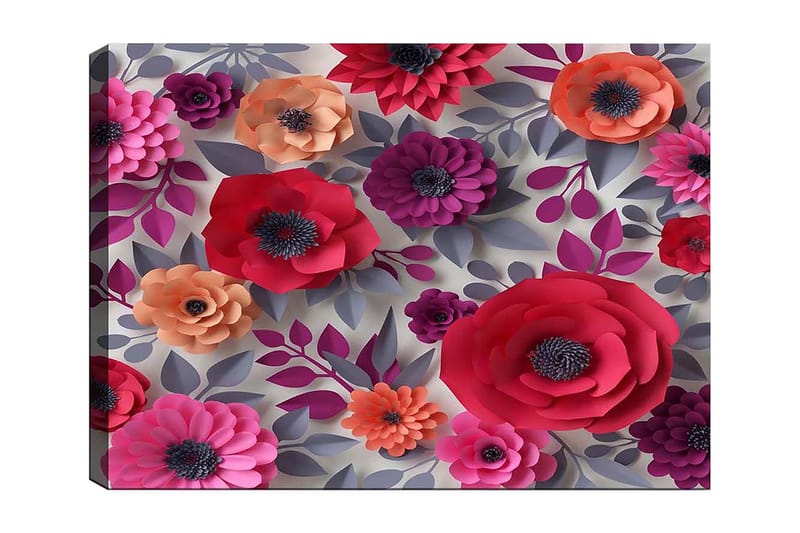 Lerretsbilde 70x100 cm - Fargerike papirblomster i forskjellige former og størrelser - Mørk rosa / Lilla / Oransje - Innredning - Bilder & kunst - Lerretsbilder