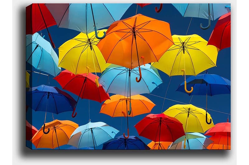 Lerretsbilde 70x100 cm - Fargerike paraplyer som svever i luften - Rød / Blå / Gul - Innredning - Bilder & kunst - Lerretsbilder