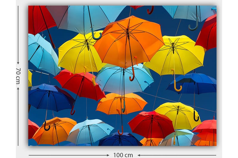Lerretsbilde 70x100 cm - Fargerike paraplyer som svever i luften - Rød / Blå / Gul - Innredning - Bilder & kunst - Lerretsbilder