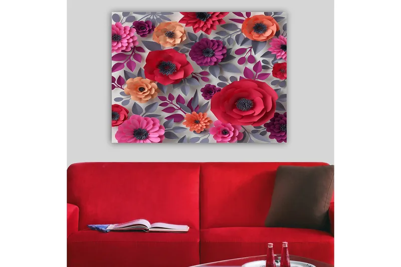 Lerretsbilde 70x100 cm - Fargerike papirblomster i forskjellige former og størrelser - Mørk rosa / Lilla / Oransje - Innredning - Bilder & kunst - Lerretsbilder
