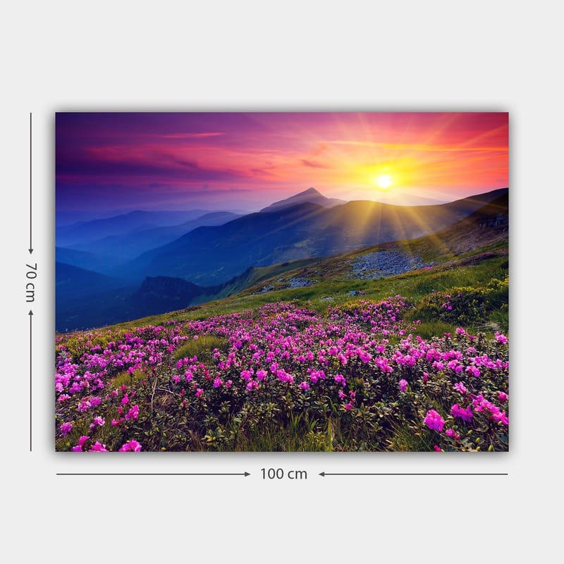 Lerretsbilde 70x100 cm - Fargerikt fjellandskap med blomstrende rosa blomster i forgrunnen og en soloppgang i bakgrunnen - Rosa / Lilla / Gull - Innredning - Bilder & kunst - Lerretsbilder
