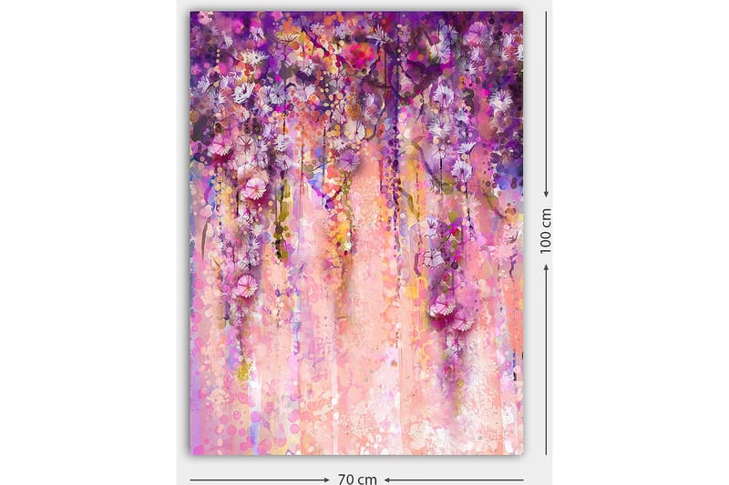 Lerretsbilde 70x100 cm - Fargerikt og abstrakt maleri av hengende blomster i lilla og rosa nyanser - Lilla / Rosa / Gul - Innredning - Bilder & kunst - Lerretsbilder