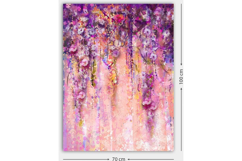 Lerretsbilde 70x100 cm - Fargerikt og abstrakt maleri av hengende blomster i lilla og rosa nyanser - Lilla / Rosa / Gul - Innredning - Bilder & kunst - Lerretsbilder