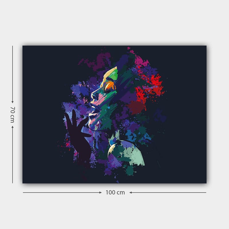 Lerretsbilde 70x100 cm - Fargerikt og uttrykksfullt portrett av en kvinne som synger med lidenskap - Lilla / Grønn / Rød - Innredning - Bilder & kunst - Lerretsbilder