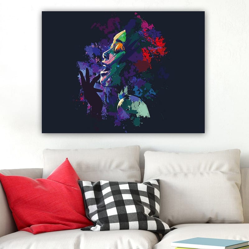 Lerretsbilde 70x100 cm - Fargerikt og uttrykksfullt portrett av en kvinne som synger med lidenskap - Lilla / Grønn / Rød - Innredning - Bilder & kunst - Lerretsbilder