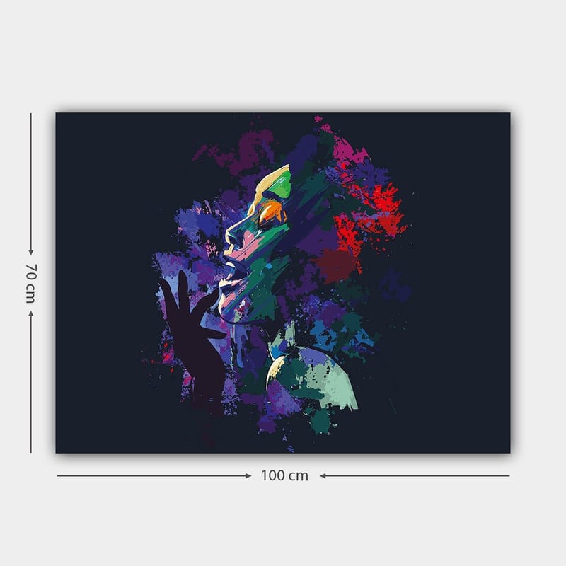 Lerretsbilde 70x100 cm - Fargerikt og uttrykksfullt portrett av en kvinne som synger med lidenskap - Lilla / Grønn / Rød - Innredning - Bilder & kunst - Lerretsbilder