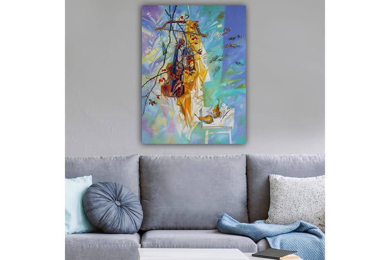 Lerretsbilde 70x100 cm - Fargerikt stilleben med klær hengende på en kleshenger, omgitt av frukt og blomster - Gul / Blå / Grønn - Innredning - Bilder & kunst - Lerretsbilder