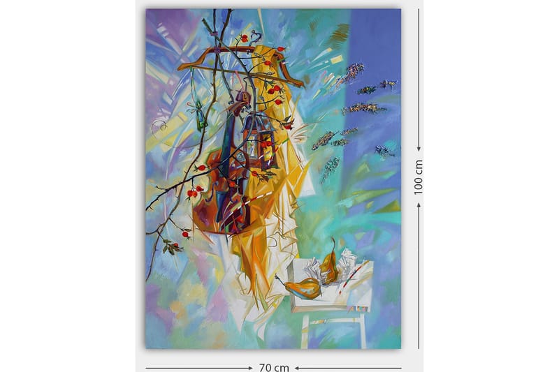 Lerretsbilde 70x100 cm - Fargerikt stilleben med klær hengende på en kleshenger, omgitt av frukt og blomster - Gul / Blå / Grønn - Innredning - Bilder & kunst - Lerretsbilder