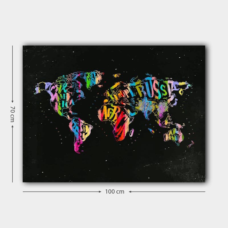Lerretsbilde 70x100 cm - Fargerikt verdenskart laget av tekst og symboler som representerer forskjellige land - Lilla / Rød / Grønn - Innredning - Bilder & kunst - Lerretsbilder