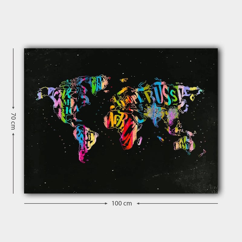 Lerretsbilde 70x100 cm - Fargerikt verdenskart laget av tekst og symboler som representerer forskjellige land - Lilla / Rød / Grønn - Innredning - Bilder & kunst - Lerretsbilder