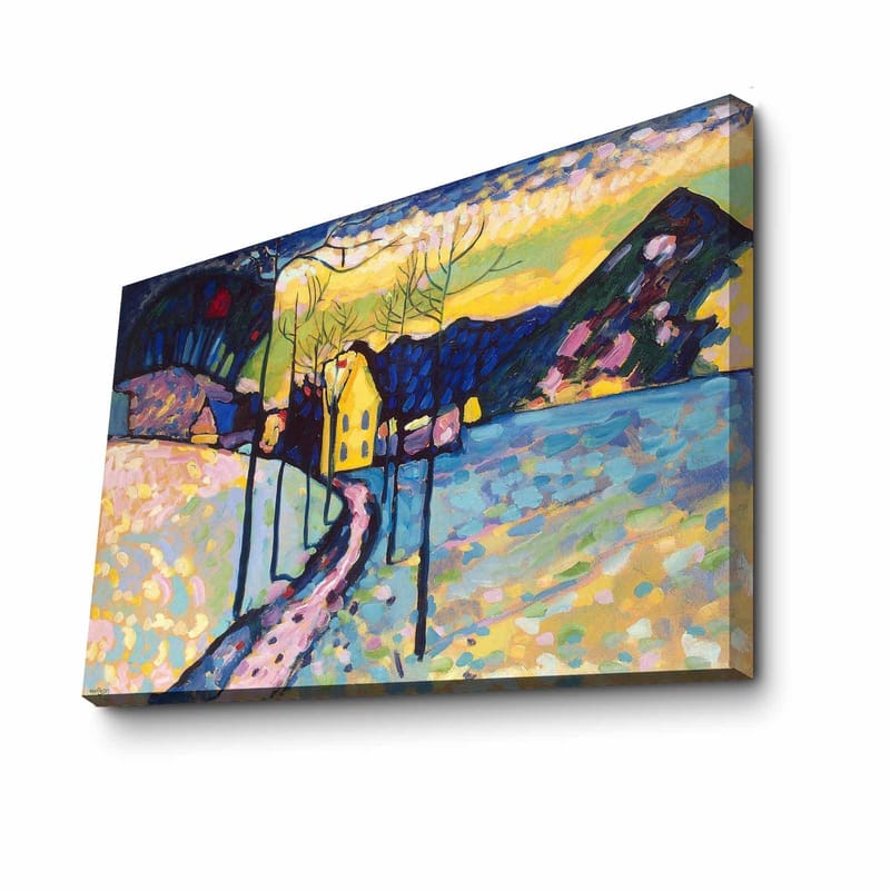 Lerretsbilde 70x100 cm - Fargerikt vinterlandskap med en vei som fører til et gult hus omgitt av snø og trær - Blå / Gul / Hvit - Innredning - Bilder & kunst - Lerretsbilder