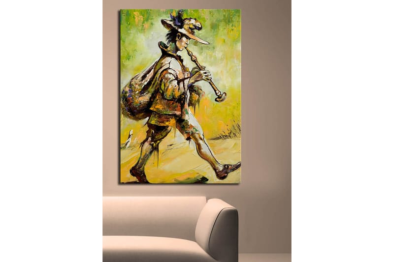 Lerretsbilde 70x100 cm - Felespiller går fremover med en sekk på ryggen og spiller fløyte - Grønn / Gul / Brun - Innredning - Bilder & kunst - Lerretsbilder