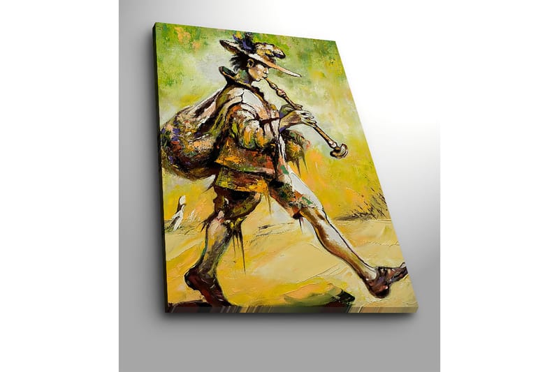 Lerretsbilde 70x100 cm - Felespiller går fremover med en sekk på ryggen og spiller fløyte - Grønn / Gul / Brun - Innredning - Bilder & kunst - Lerretsbilder