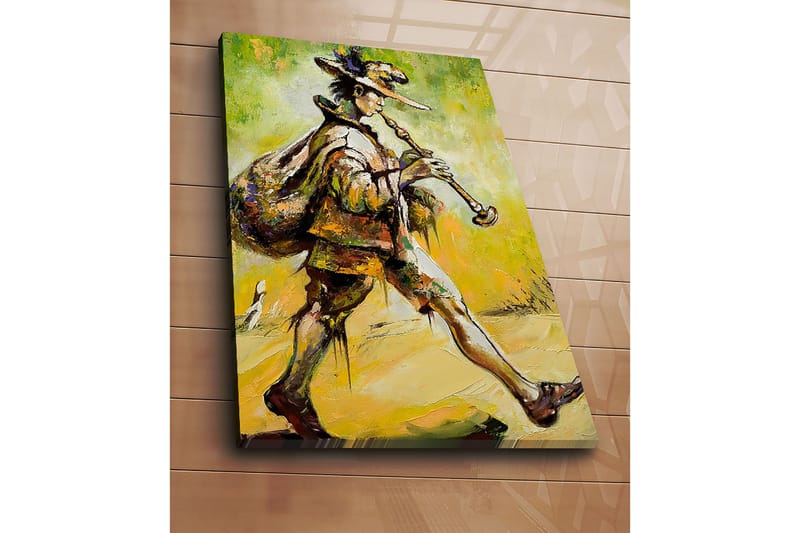 Lerretsbilde 70x100 cm - Felespiller går fremover med en sekk på ryggen og spiller fløyte - Grønn / Gul / Brun - Innredning - Bilder & kunst - Lerretsbilder