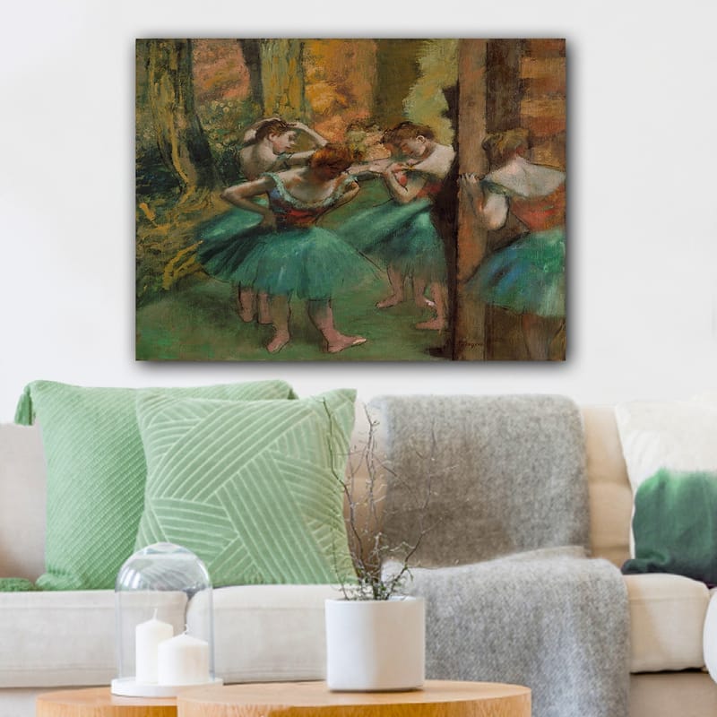 Lerretsbilde 70x100 cm - Fem ballettdansere i fargerike tutuer forbereder seg til en forestilling - Grønn / Oransje / Rød - Innredning - Bilder & kunst - Lerretsbilder