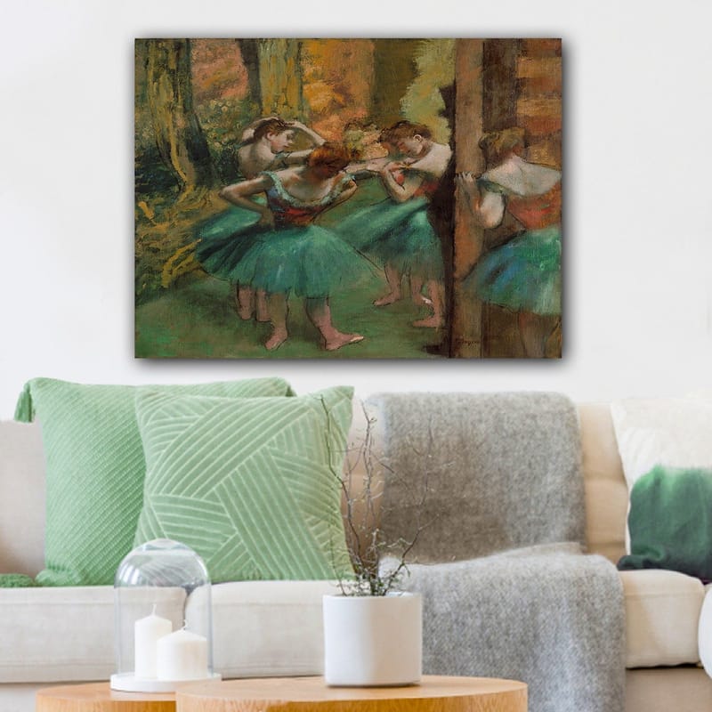 Lerretsbilde 70x100 cm - Fem ballettdansere i fargerike tutuer forbereder seg til en forestilling - Grønn / Oransje / Rød - Innredning - Bilder & kunst - Lerretsbilder