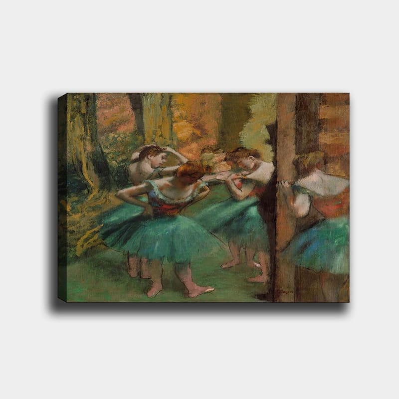 Lerretsbilde 70x100 cm - Fem ballettdansere i fargerike tutuer forbereder seg til en forestilling, Grønn / Oransje / Rød