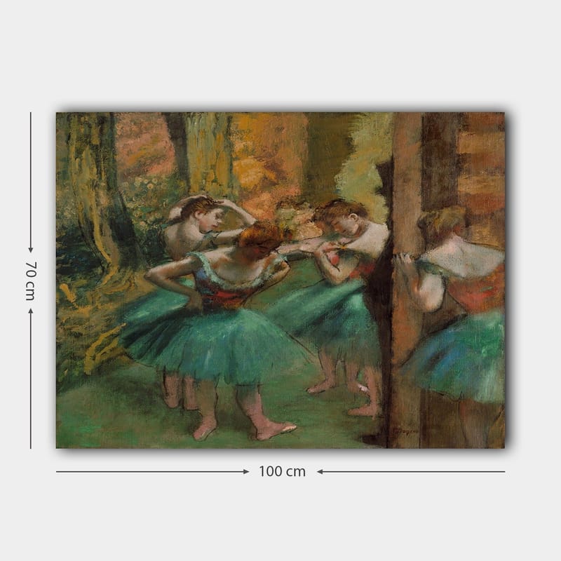 Lerretsbilde 70x100 cm - Fem ballettdansere i fargerike tutuer forbereder seg til en forestilling - Grønn / Oransje / Rød - Innredning - Bilder & kunst - Lerretsbilder