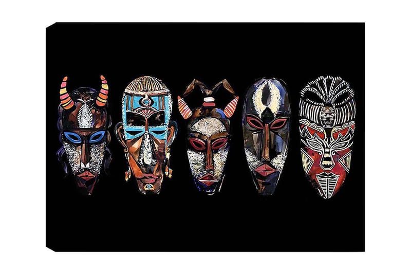 Lerretsbilde 70x100 cm - Fem fargerike masker med forskjellige mønstre og uttrykk, Rød / Svart / Blå