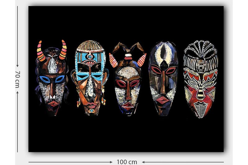 Lerretsbilde 70x100 cm - Fem fargerike masker med forskjellige mønstre og uttrykk - Rød / Svart / Blå - Innredning - Bilder & kunst - Lerretsbilder