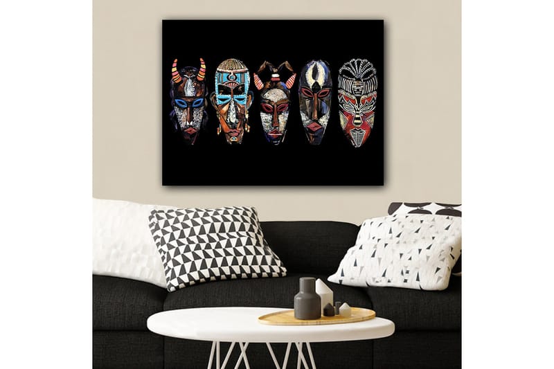 Lerretsbilde 70x100 cm - Fem fargerike masker med forskjellige mønstre og uttrykk - Rød / Svart / Blå - Innredning - Bilder & kunst - Lerretsbilder