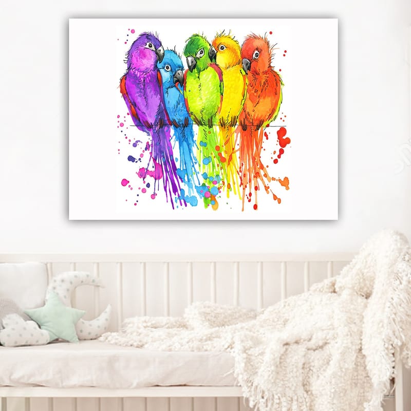 Lerretsbilde 70x100 cm - Fem fargerike papegøyer på rad - Lilla / Grønn / Oransje - Innredning - Bilder & kunst - Lerretsbilder