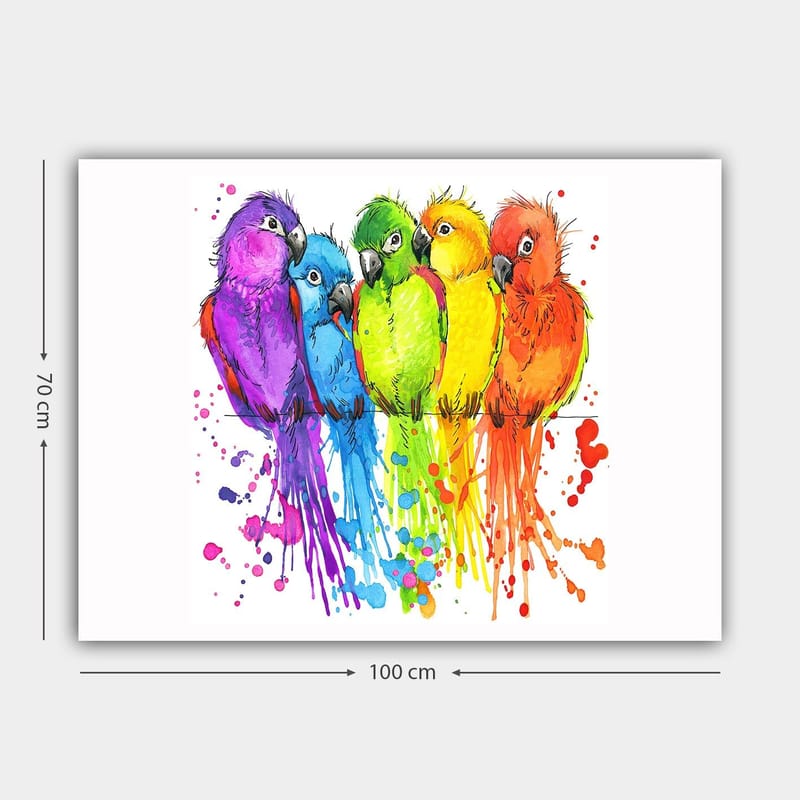 Lerretsbilde 70x100 cm - Fem fargerike papegøyer på rad - Lilla / Grønn / Oransje - Innredning - Bilder & kunst - Lerretsbilder