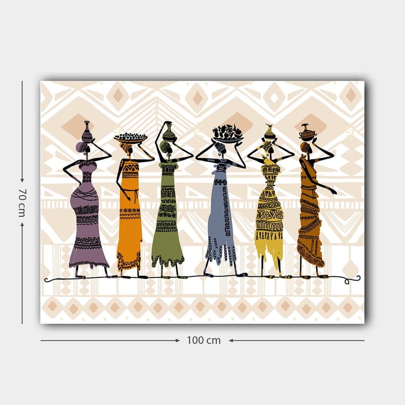 Lerretsbilde 70x100 cm - Fem kvinner i tradisjonelle klær som bærer gjenstander på hodet - Lilla / Oransje / Grønn - Innredning - Bilder & kunst - Lerretsbilder