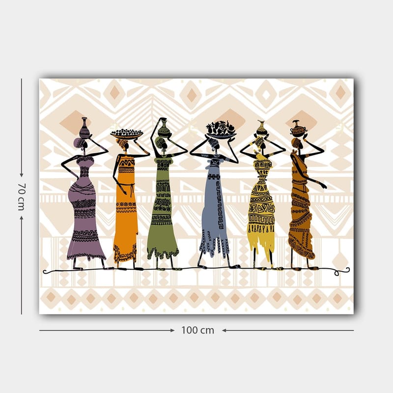 Lerretsbilde 70x100 cm - Fem kvinner i tradisjonelle klær som bærer gjenstander på hodet - Lilla / Oransje / Grønn - Innredning - Bilder & kunst - Lerretsbilder
