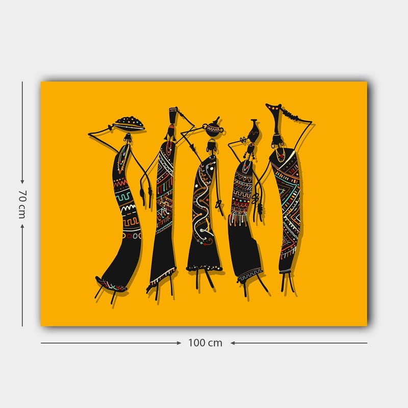 Lerretsbilde 70x100 cm - Fem stiliserte kvinner i tradisjonelle klær som bærer gjenstander på hodet - Svart / Gul / Rød - Innredning - Bilder & kunst - Lerretsbilder
