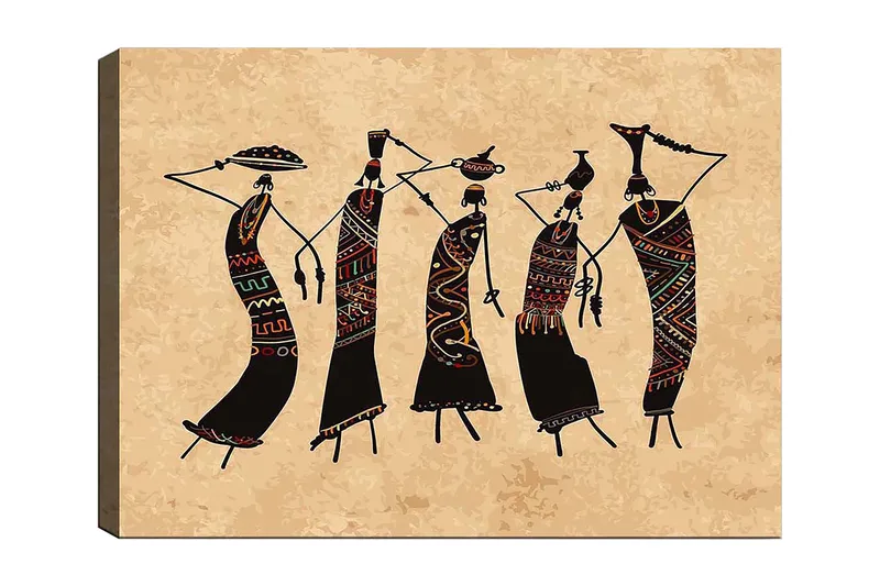 Lerretsbilde 70x100 cm - Fem stiliserte kvinner som danser med tradisjonelle klær og tilbehør, Svart / Rød / Grønn