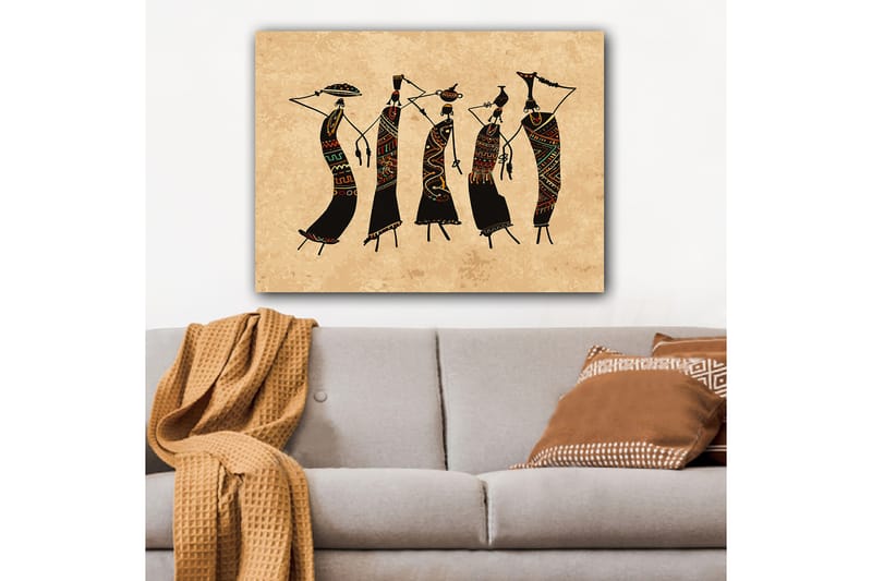 Lerretsbilde 70x100 cm - Fem stiliserte kvinner som danser med tradisjonelle klær og tilbehør - Svart / Rød / Grønn - Innredning - Bilder & kunst - Lerretsbilder