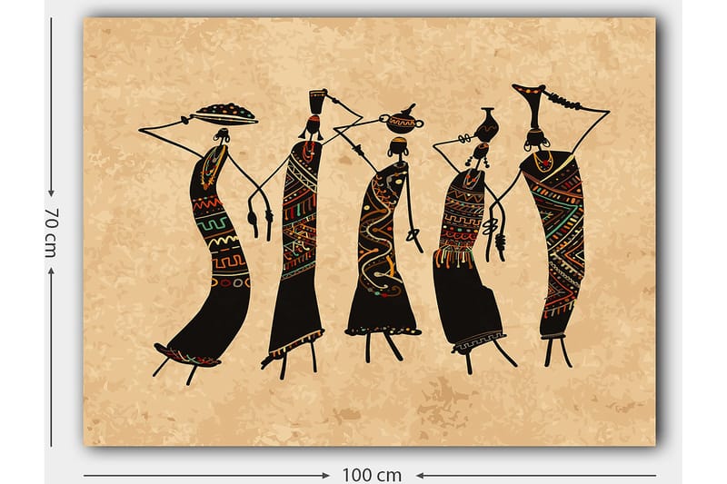 Lerretsbilde 70x100 cm - Fem stiliserte kvinner som danser med tradisjonelle klær og tilbehør - Svart / Rød / Grønn - Innredning - Bilder & kunst - Lerretsbilder