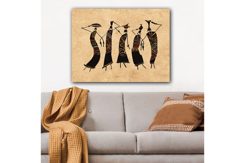 Lerretsbilde 70x100 cm - Fem stiliserte kvinner som danser med tradisjonelle klær og tilbehør - Svart / Rød / Grønn - Innredning - Bilder & kunst - Lerretsbilder