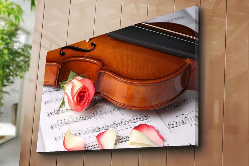 Lerretsbilde 70x100 cm - Fiolin med rose og roseblader på et noterark - Rød / Beige / Brun - Innredning - Bilder & kunst - Lerretsbilder