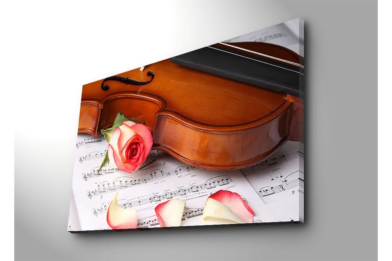 Lerretsbilde 70x100 cm - Fiolin med rose og roseblader på et noterark - Rød / Beige / Brun - Innredning - Bilder & kunst - Lerretsbilder