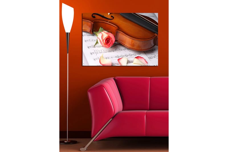 Lerretsbilde 70x100 cm - Fiolin med rose og roseblader på et noterark - Rød / Beige / Brun - Innredning - Bilder & kunst - Lerretsbilder