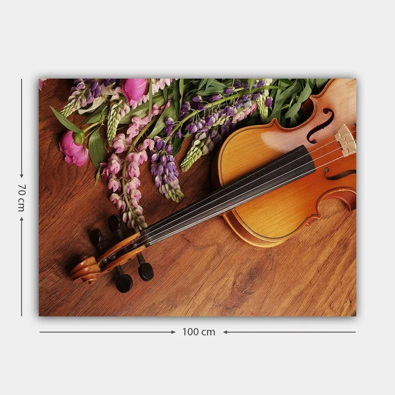 Lerretsbilde 70x100 cm - Fiolin omgitt av fargerike blomster - Lilla / Rosa / Brun - Innredning - Bilder & kunst - Lerretsbilder