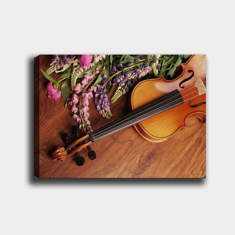 Lerretsbilde 70x100 cm - Fiolin omgitt av fargerike blomster, Lilla / Rosa / Brun