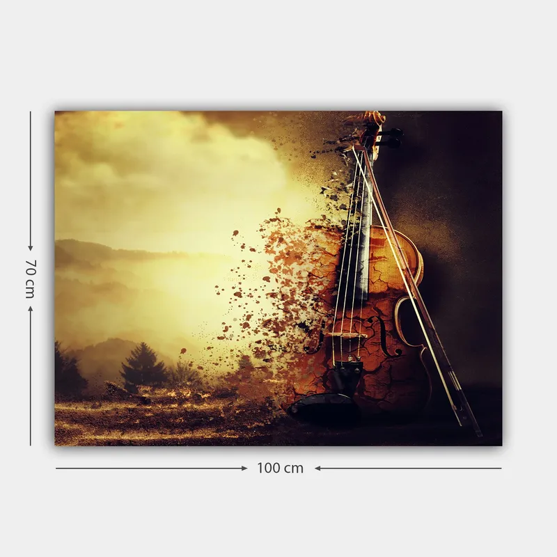 Lerretsbilde 70x100 cm - Fiolin som delvis oppløses i et drømmeaktig landskap - Gull / Brun / Svart - Innredning - Bilder & kunst - Lerretsbilder
