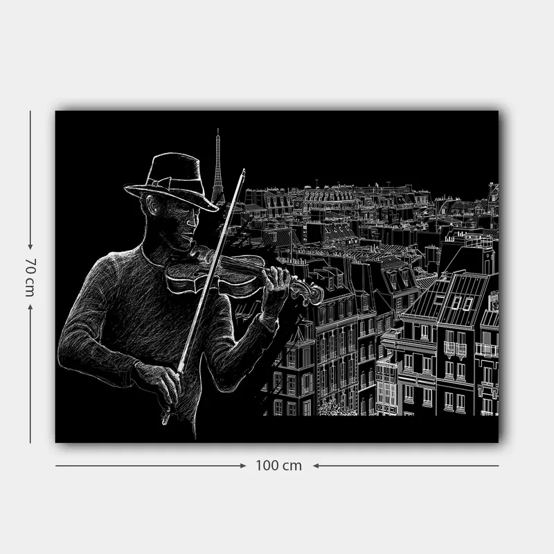 Lerretsbilde 70x100 cm - Fiolinist spiller musikk mot en bysilhuett med Eiffeltårnet i bakgrunnen - Svart / Hvit - Innredning - Bilder & kunst - Lerretsbilder