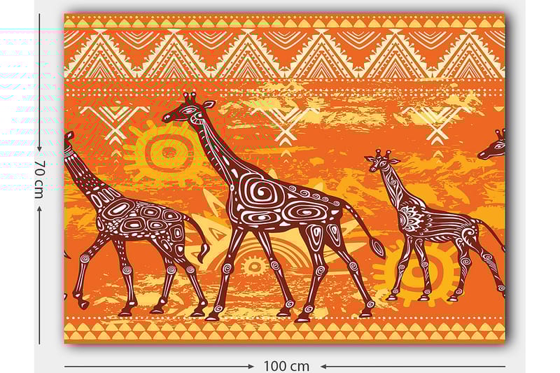 Lerretsbilde 70x100 cm - Fire sjiraffer i et fargerikt og stilisert design - Oransje / Brun / Hvit - Innredning - Bilder & kunst - Lerretsbilder