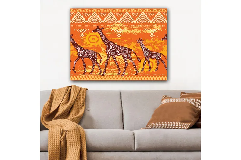 Lerretsbilde 70x100 cm - Fire sjiraffer i et fargerikt og stilisert design - Oransje / Brun / Hvit - Innredning - Bilder & kunst - Lerretsbilder