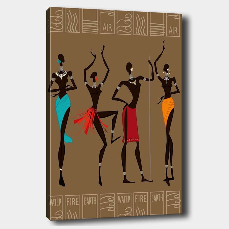 Lerretsbilde 70x100 cm - Fire stiliserte kvinner i tradisjonelle klær som representerer forskjellige elementer, Mørk brun / Turkis / Rød