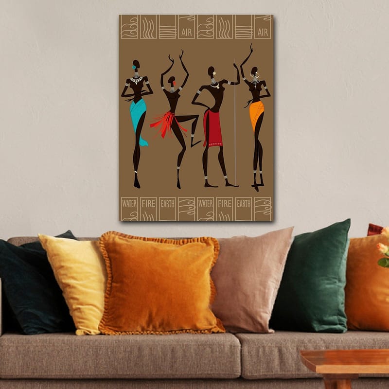 Lerretsbilde 70x100 cm - Fire stiliserte kvinner i tradisjonelle klær som representerer forskjellige elementer - Mørk brun / Turkis / Rød - Innredning - Bilder & kunst - Lerretsbilder