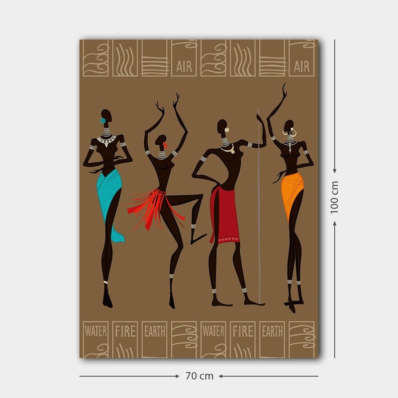 Lerretsbilde 70x100 cm - Fire stiliserte kvinner i tradisjonelle klær som representerer forskjellige elementer - Mørk brun / Turkis / Rød - Innredning - Bilder & kunst - Lerretsbilder
