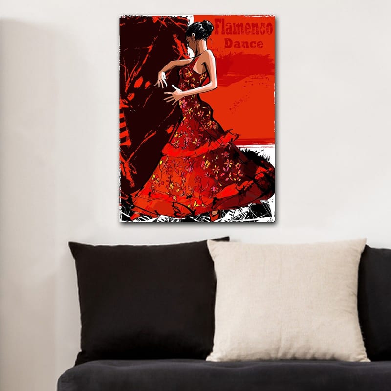Lerretsbilde 70x100 cm - Flamencodanser i en rød kjole som uttrykker bevegelse og lidenskap - Rød / Mørk rød / Svart - Innredning - Bilder & kunst - Lerretsbilder